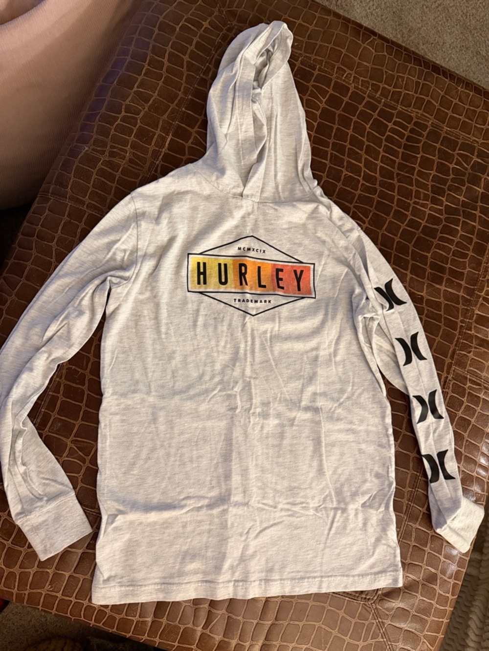 Hurley Light Gray Hoodie with Sunset Gradient Logo
